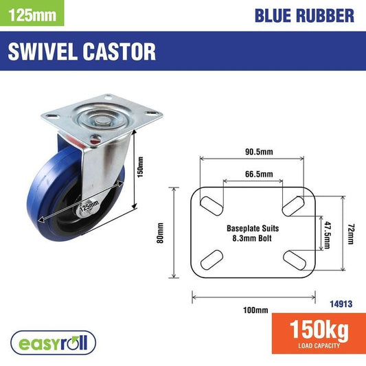 Easyroll 125mm 150kg Blue Rubber Heavy Duty Castor
